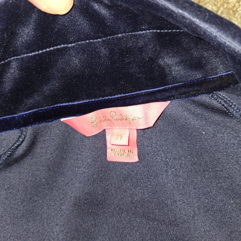 Lilly Pultzer Navy Pullover with Pink Accents, Velour, EUC - Picture 4 of 5